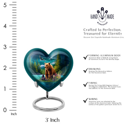 Mystic Teal Bear Cremation Urn front view showing detailed design - romantic heart urn with bear motif on aluminum - mini keepsake memorial for portion of cremation ashes