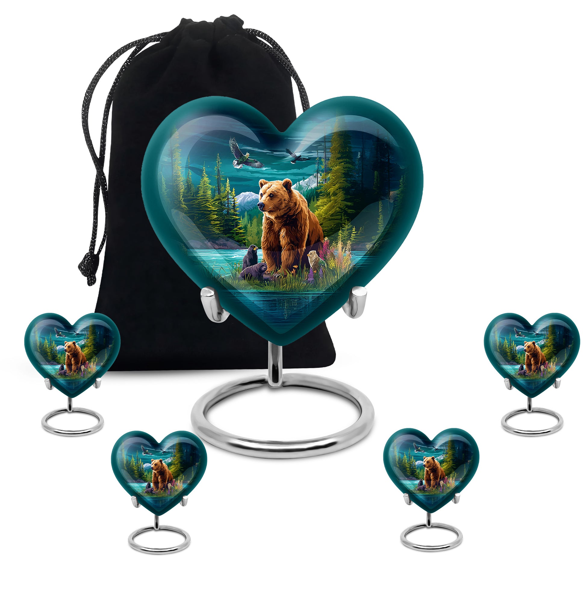 Aqua Teal Bear Cremation Urn close-up of engraving and surface detail - compassionate heart-bear combination with gentle curves - memorial set with one large and four small urns
