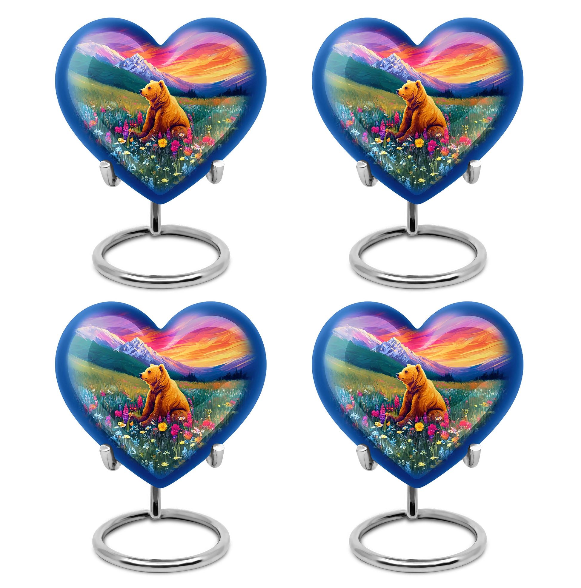 Peony Pink Bear Cremation Urn angled view of lid and engraved motif - heart-shaped bear design symbolizing eternal love - 10 inch aluminum urn for cremated remains