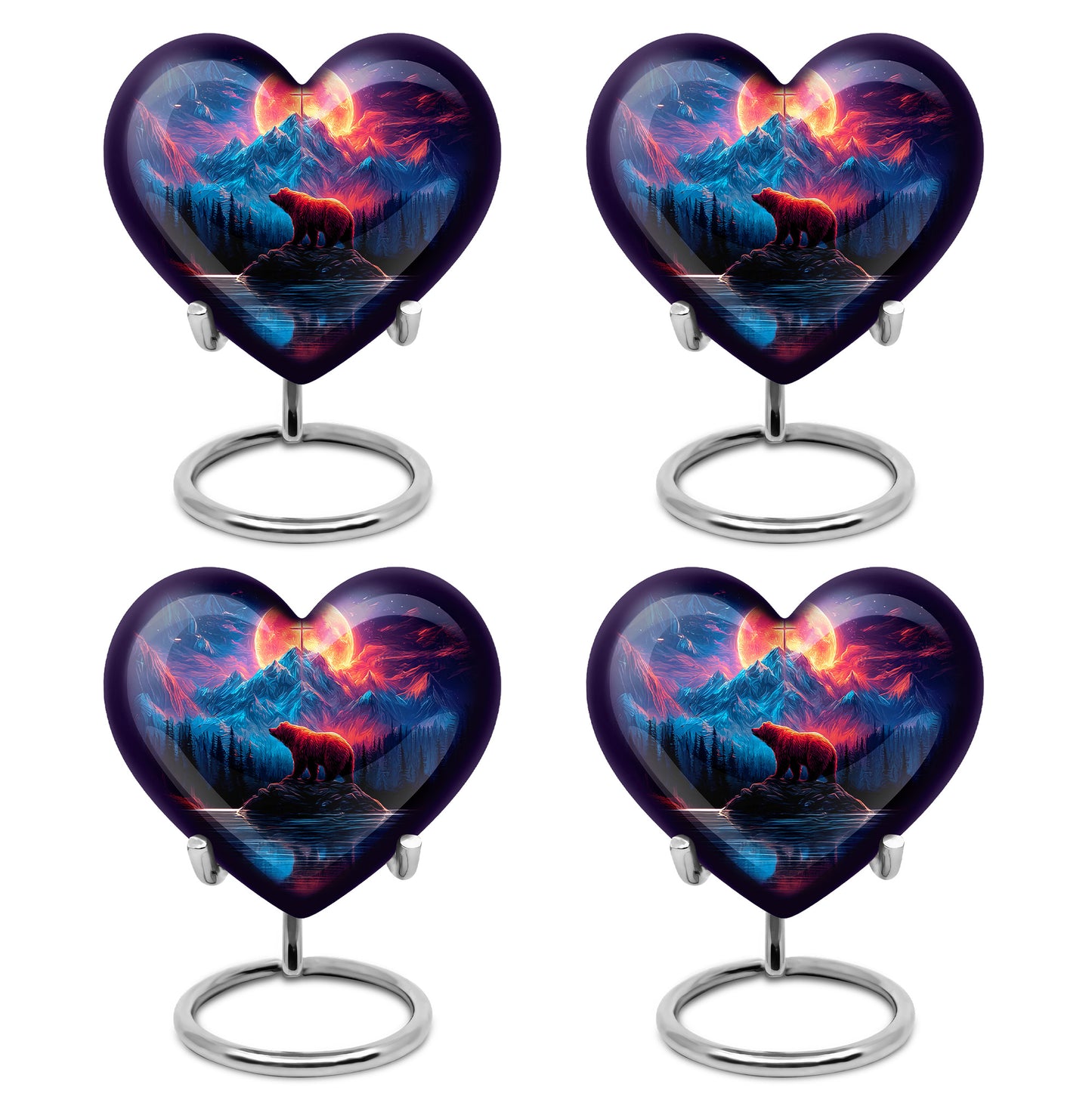 Dusty Blue Bear Cremation Urn angled view of lid and engraved motif - heart-shaped bear design symbolizing eternal love - 10 inch aluminum urn for cremated remains