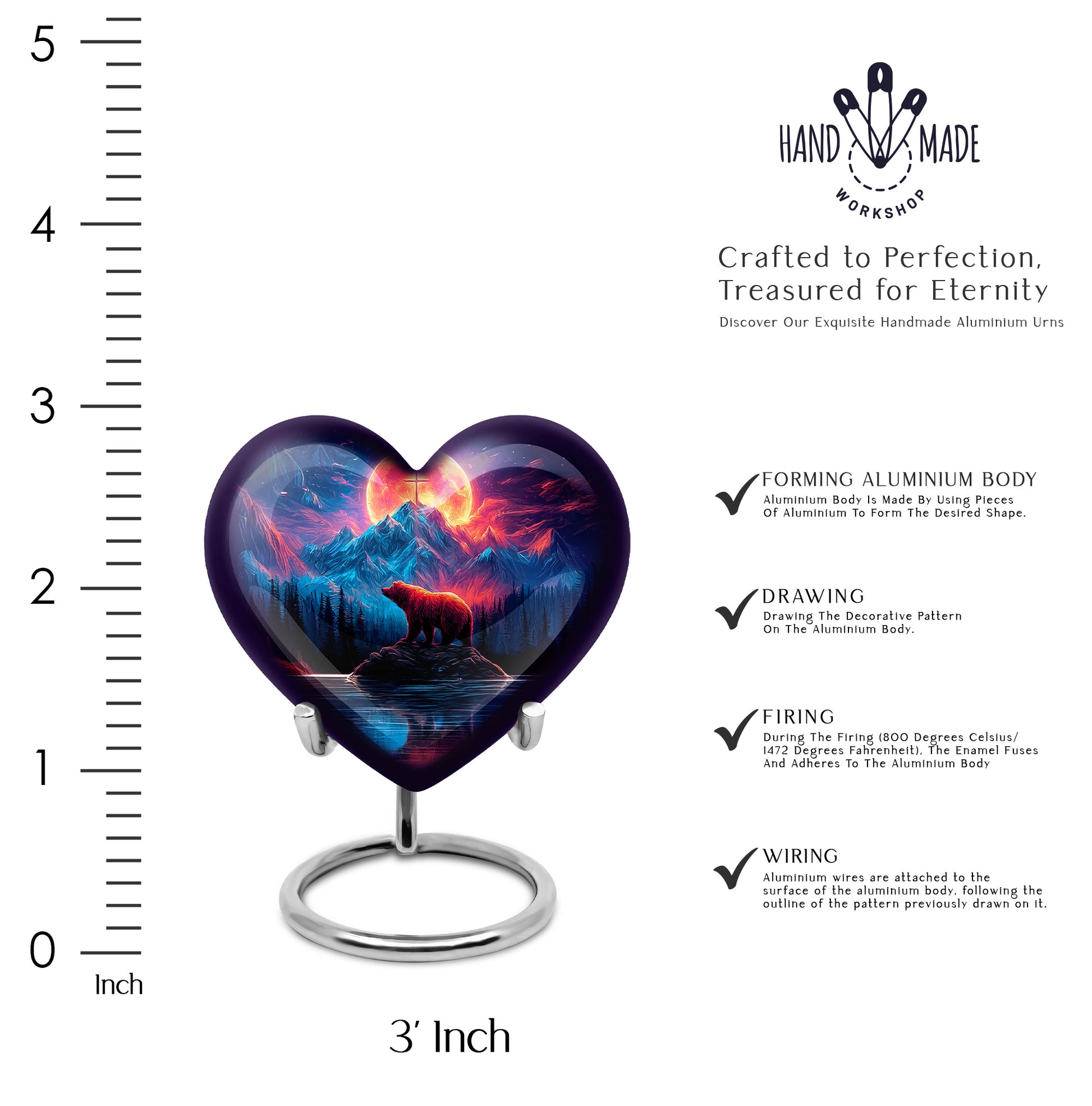 Azure Bear Cremation Urn front view showing detailed design - loving heart memorial featuring bear pattern - mini keepsake memorial for portion of cremation ashes