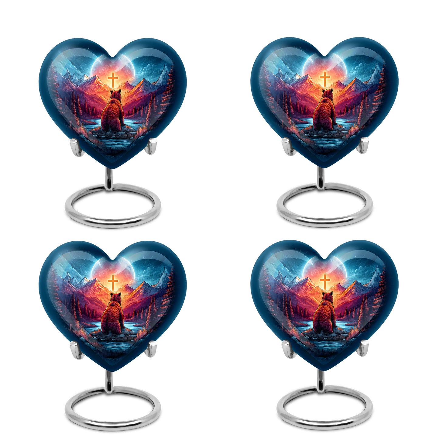 Dusty Blue Bear Cremation Urn angled view of lid and engraved motif - loving heart memorial featuring bear pattern - 10 inch aluminum urn for cremated remains