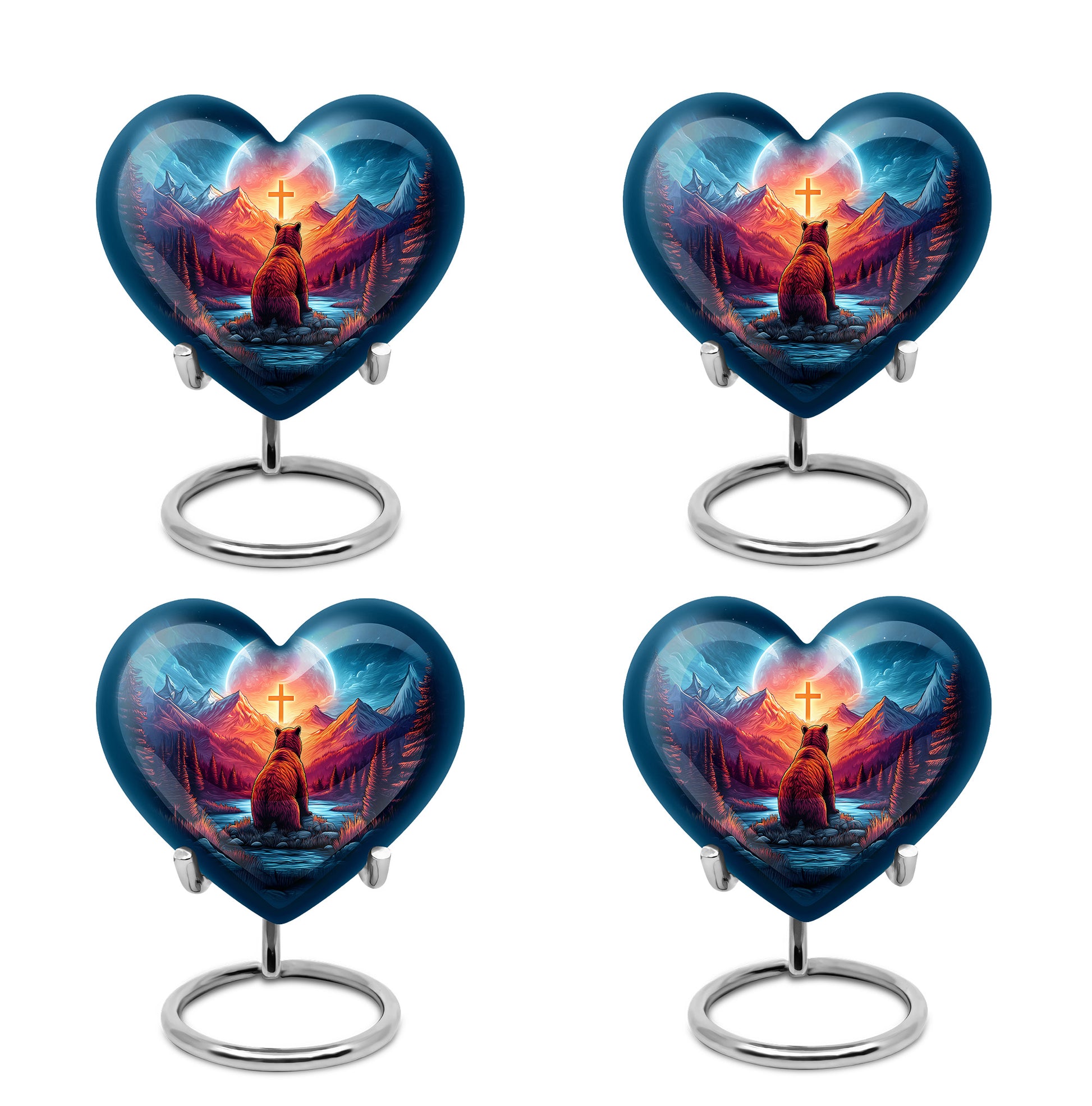 Dusty Blue Bear Cremation Urn angled view of lid and engraved motif - loving heart memorial featuring bear pattern - 10 inch aluminum urn for cremated remains