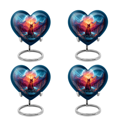 Dusty Blue Bear Cremation Urn angled view of lid and engraved motif - loving heart memorial featuring bear pattern - 10 inch aluminum urn for cremated remains
