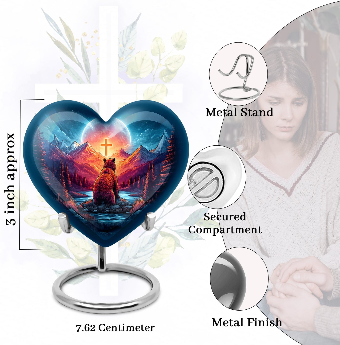 Powder Blue Bear Cremation Urn front view showing detailed design - loving heart memorial featuring bear pattern - mini keepsake memorial for portion of cremation ashes