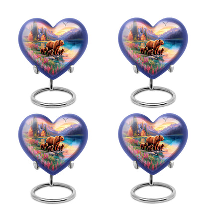 Dusty Blue Bear Cremation Urn angled view of lid and engraved motif - heart-shaped bear design symbolizing eternal love - 10 inch aluminum urn for cremated remains