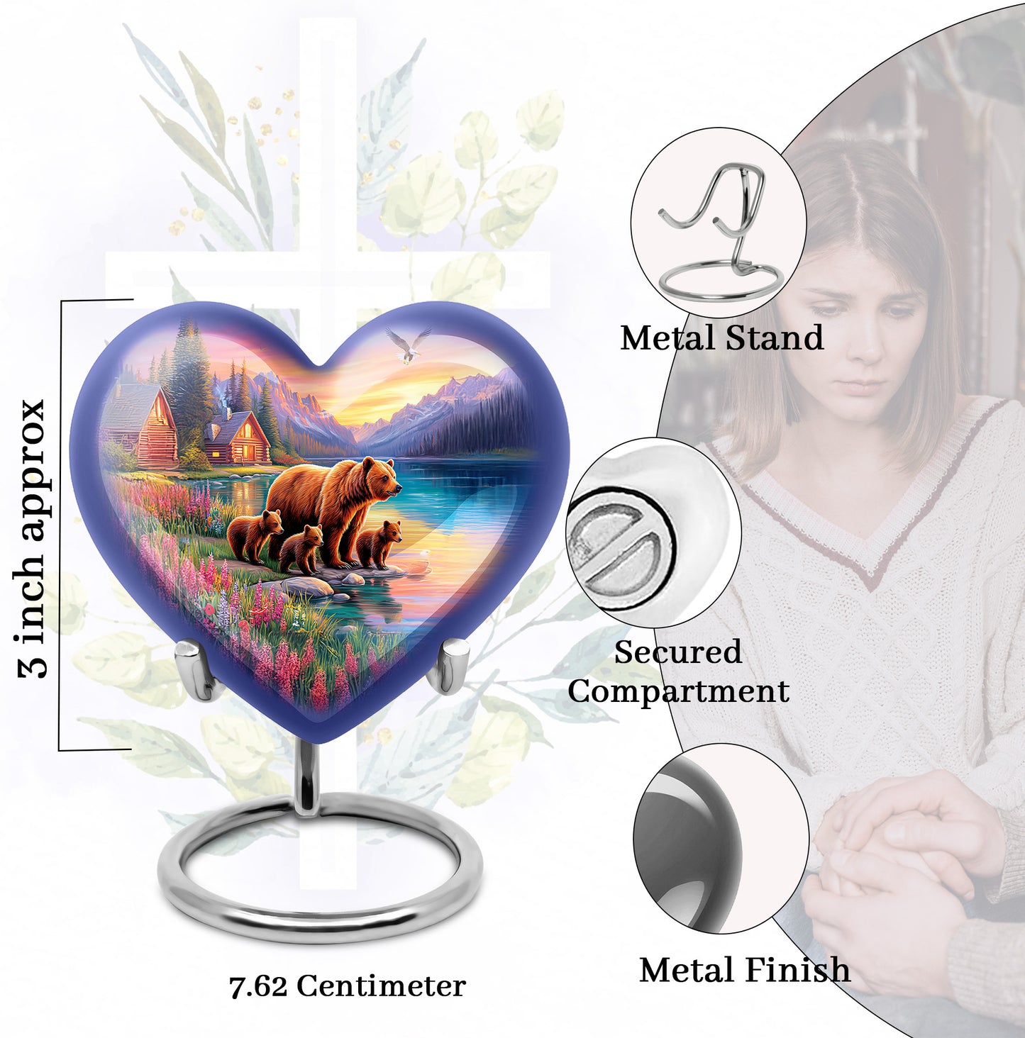 Sapphire Blue Bear Cremation Urn front view showing detailed design - romantic heart urn with bear motif on aluminum - mini keepsake memorial for portion of cremation ashes
