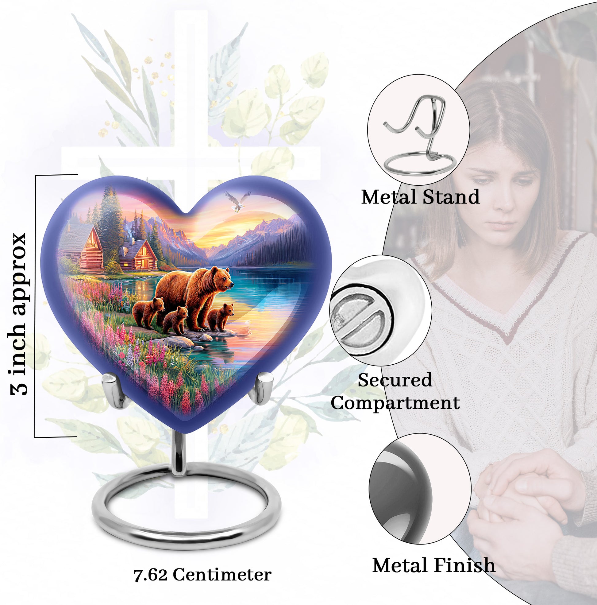 Sapphire Blue Bear Cremation Urn front view showing detailed design - romantic heart urn with bear motif on aluminum - mini keepsake memorial for portion of cremation ashes