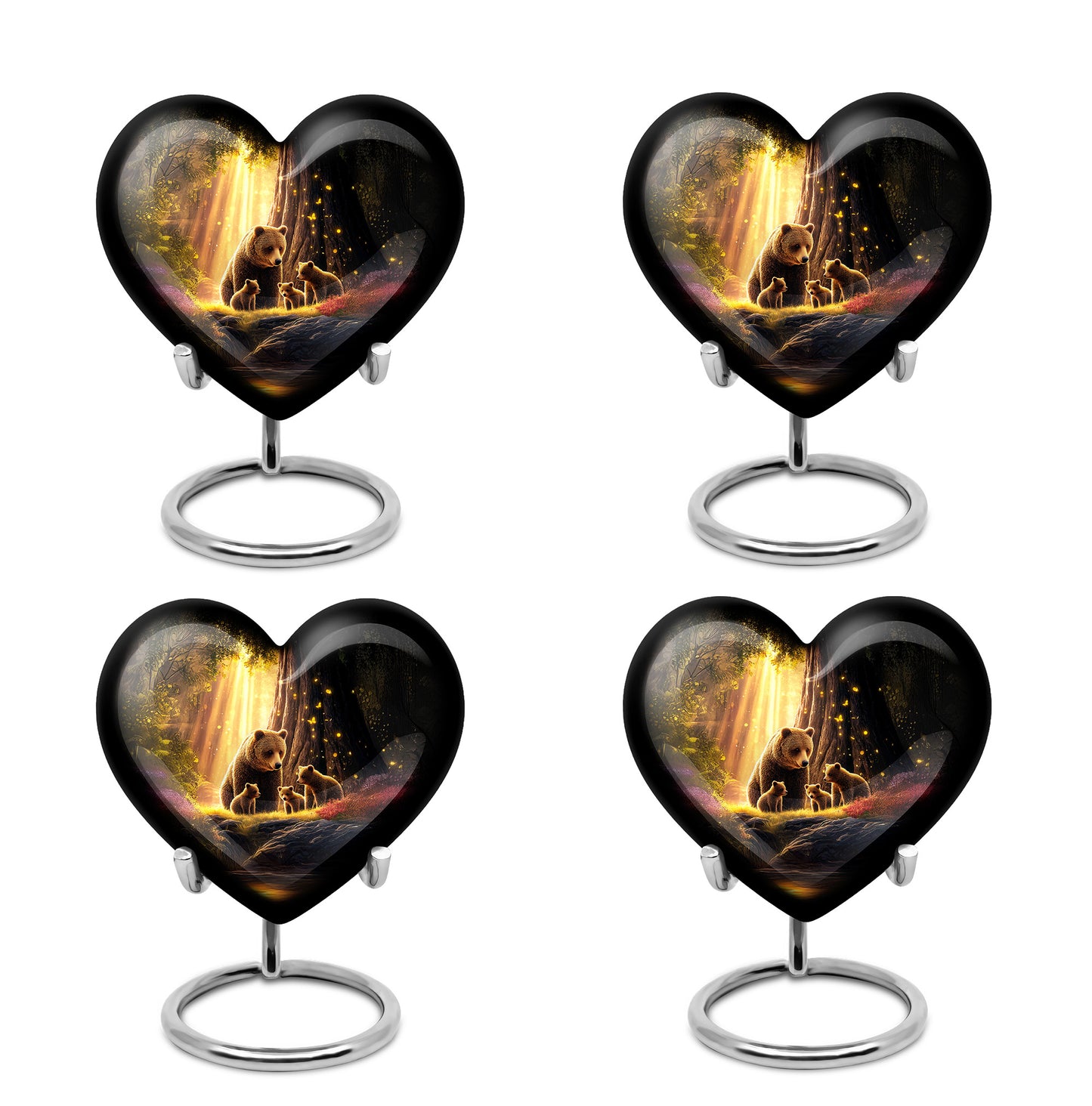 Jet Black Bear Cremation Urn angled view of lid and engraved motif - heart-shaped bear design symbolizing eternal love - 10 inch aluminum urn for cremated remains