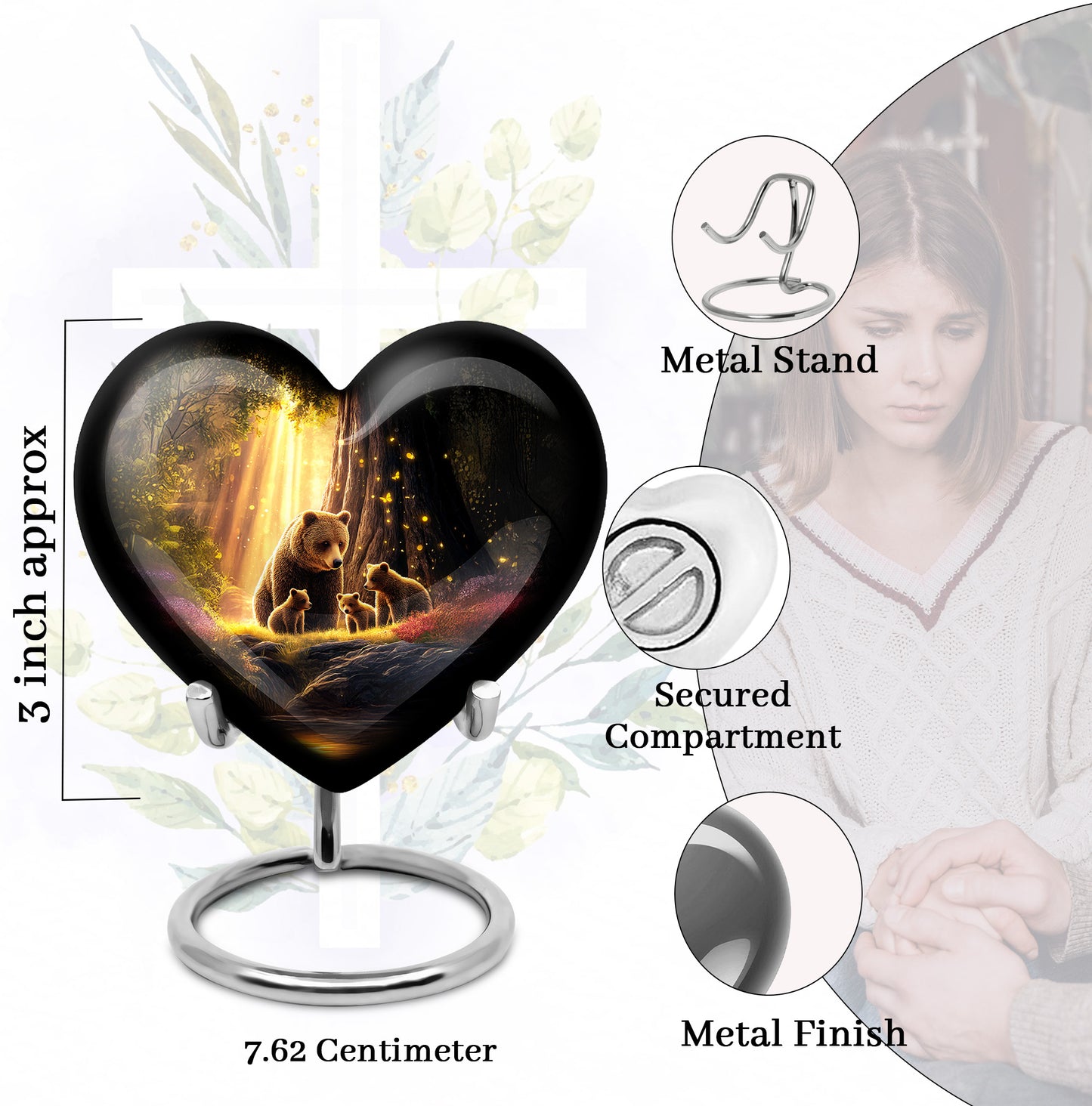 Deep Black Bear Cremation Urn front view showing detailed design - loving heart memorial featuring bear pattern - mini keepsake memorial for portion of cremation ashes