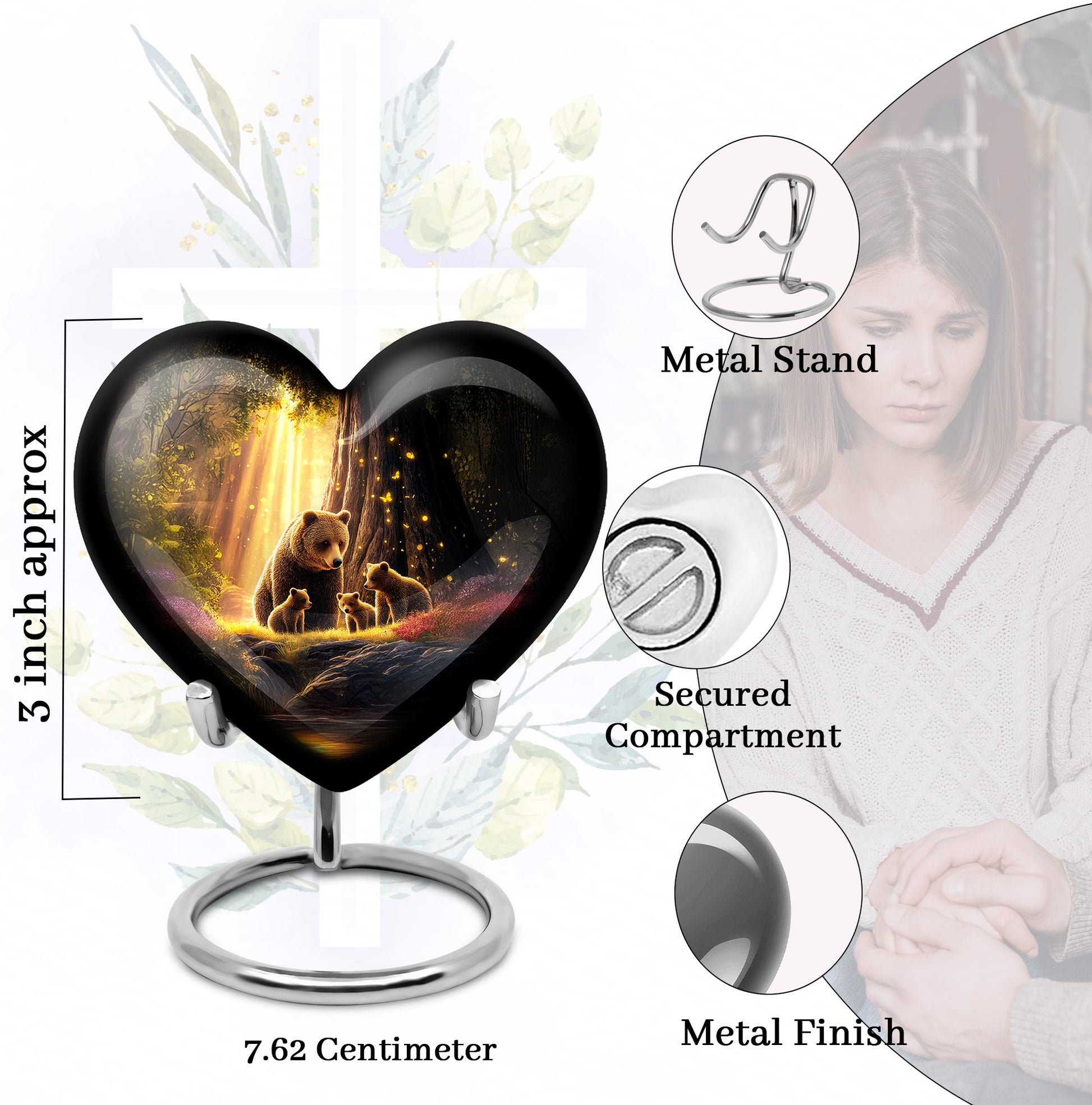 Deep Black Bear Cremation Urn front view showing detailed design - loving heart memorial featuring bear pattern - mini keepsake memorial for portion of cremation ashes