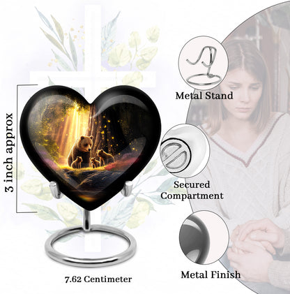 Deep Black Bear Cremation Urn front view showing detailed design - loving heart memorial featuring bear pattern - mini keepsake memorial for portion of cremation ashes