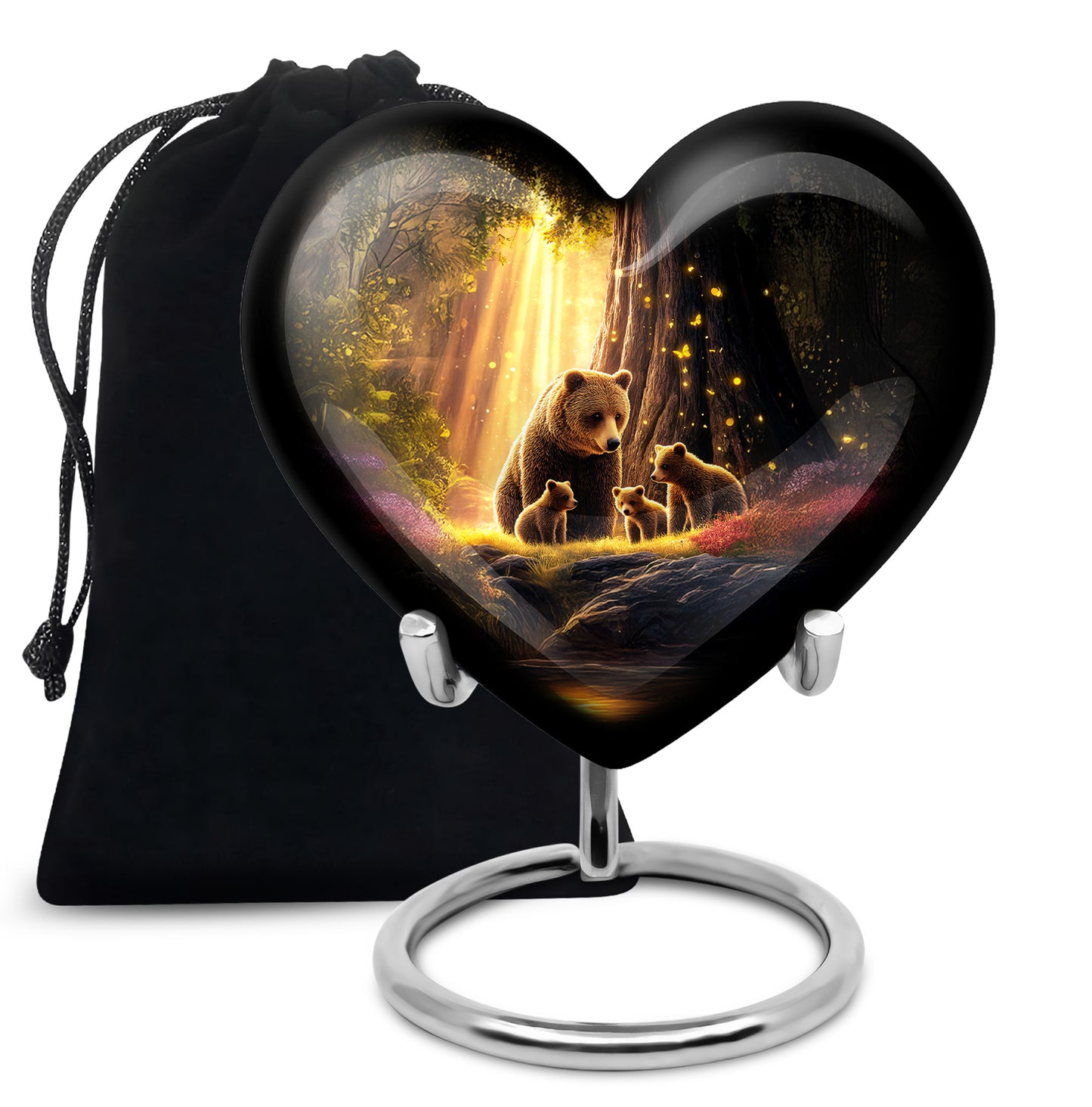Midnight Black Bear Cremation Urn detail view - romantic heart urn with bear motif on aluminum - full-size 10 inch 200 cubic inch adult cremation urn