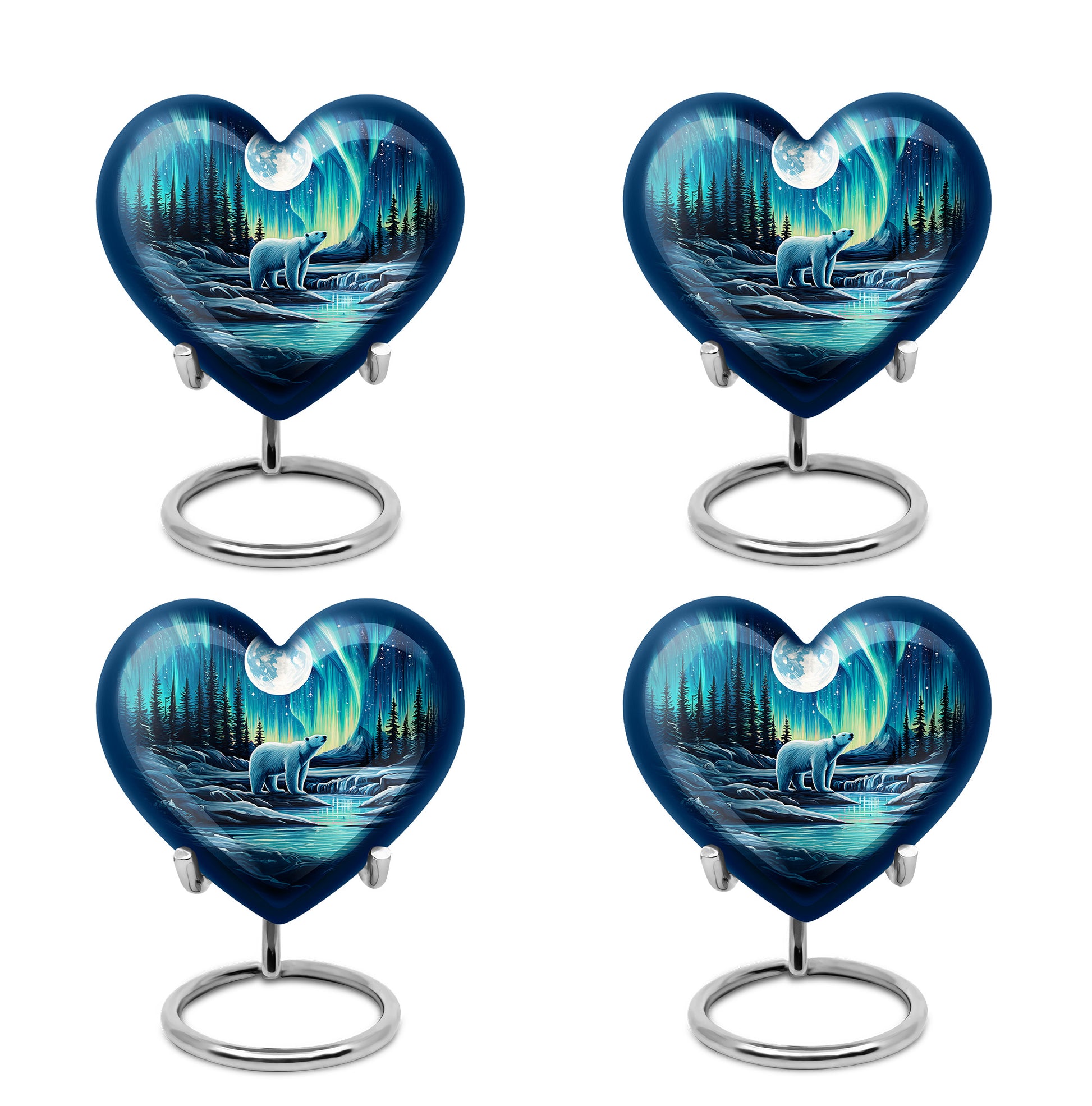 Vivid Blue Bear Cremation Urn angled view of lid and engraved motif - compassionate heart-bear combination with gentle curves - 10 inch aluminum urn for cremated remains