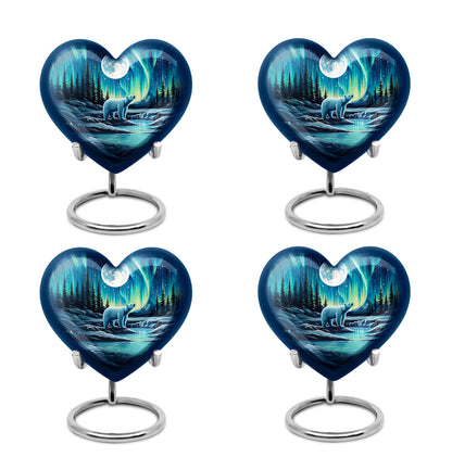 Vivid Blue Bear Cremation Urn angled view of lid and engraved motif - compassionate heart-bear combination with gentle curves - 10 inch aluminum urn for cremated remains