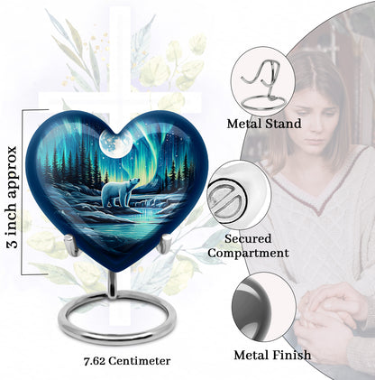 Calming Blue Bear Cremation Urn front view showing detailed design - compassionate heart-bear combination with gentle curves - mini keepsake memorial for portion of cremation ashes