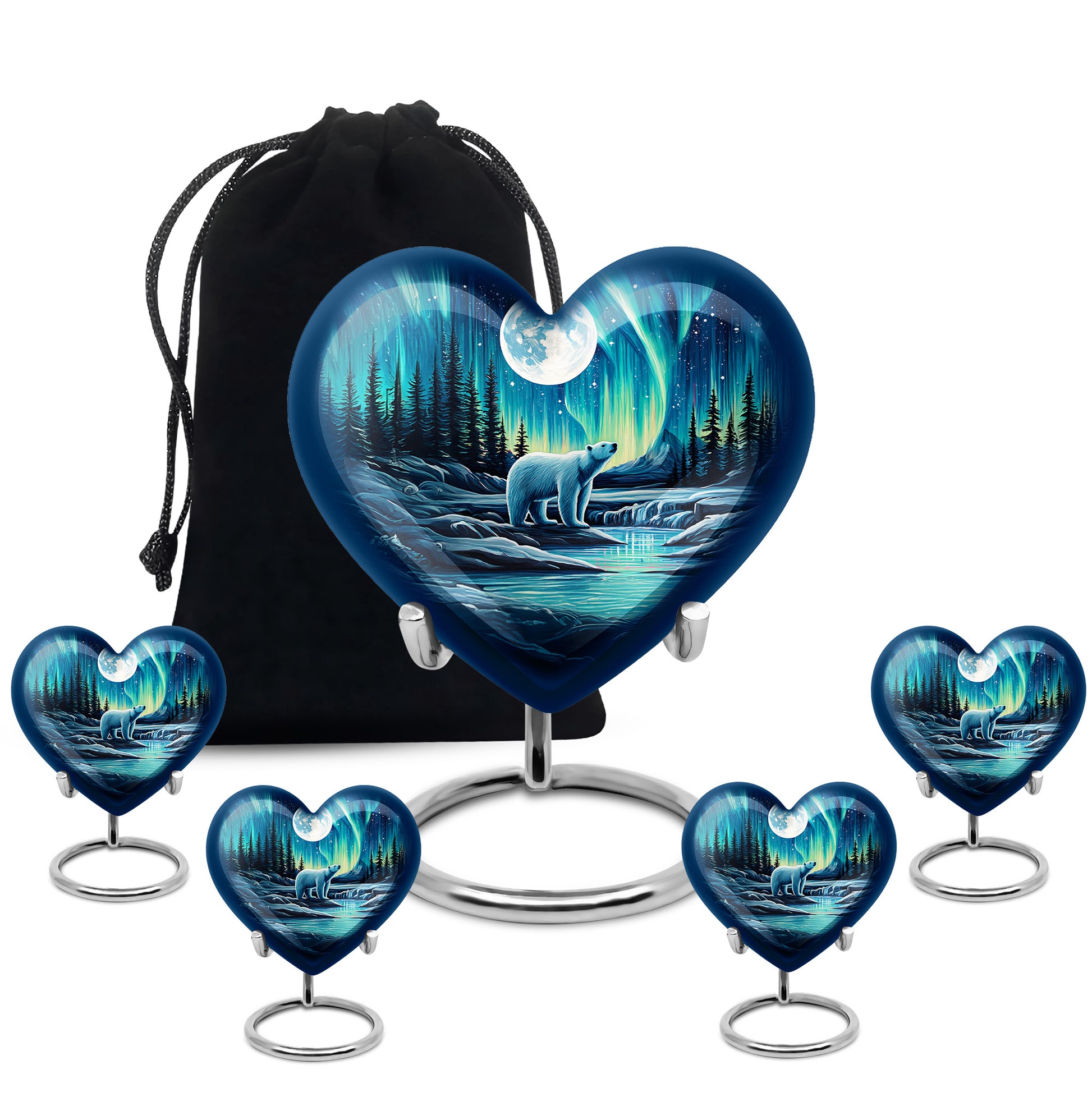 Sky Blue Bear Cremation Urn close-up of engraving and surface detail - heart-shaped bear design symbolizing eternal love - memorial set with one large and four small urns