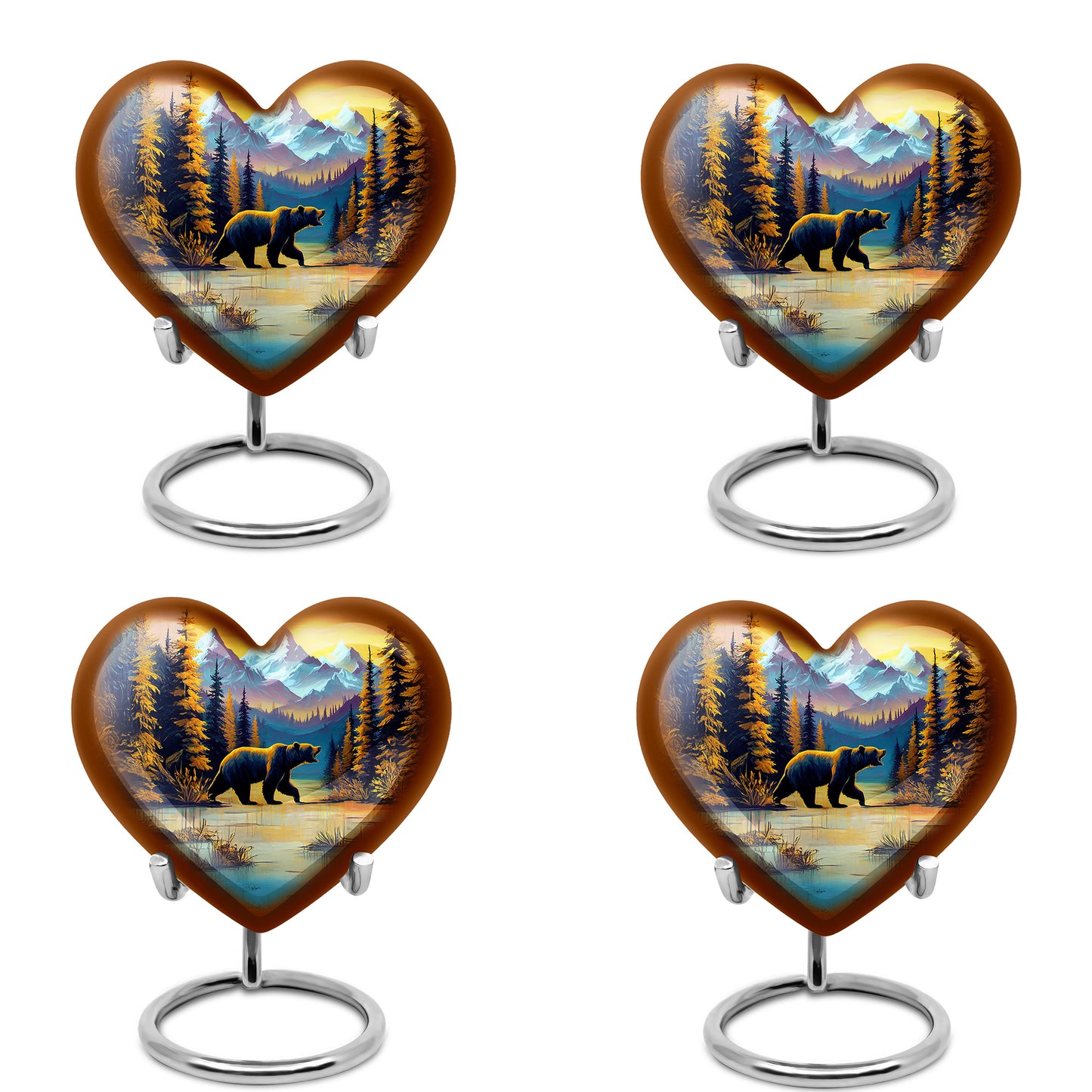 Amber Gold Bear Cremation Urn angled view of lid and engraved motif - heart-shaped bear design symbolizing eternal love - 10 inch aluminum urn for cremated remains