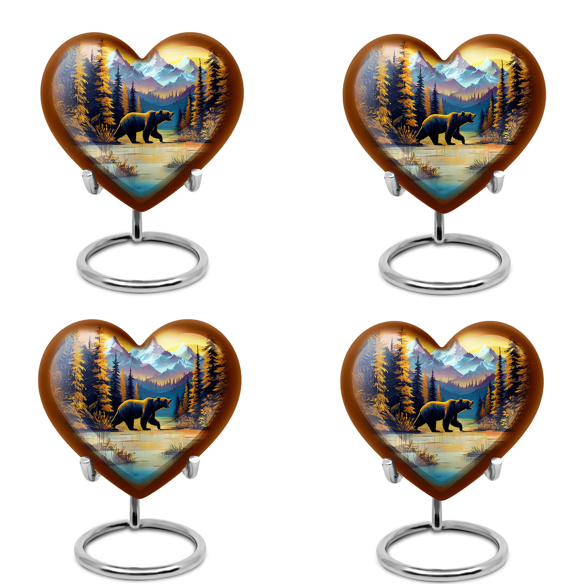 Amber Gold Bear Cremation Urn angled view of lid and engraved motif - heart-shaped bear design symbolizing eternal love - 10 inch aluminum urn for cremated remains
