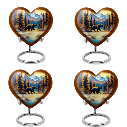 Amber Gold Bear Cremation Urn angled view of lid and engraved motif - heart-shaped bear design symbolizing eternal love - 10 inch aluminum urn for cremated remains