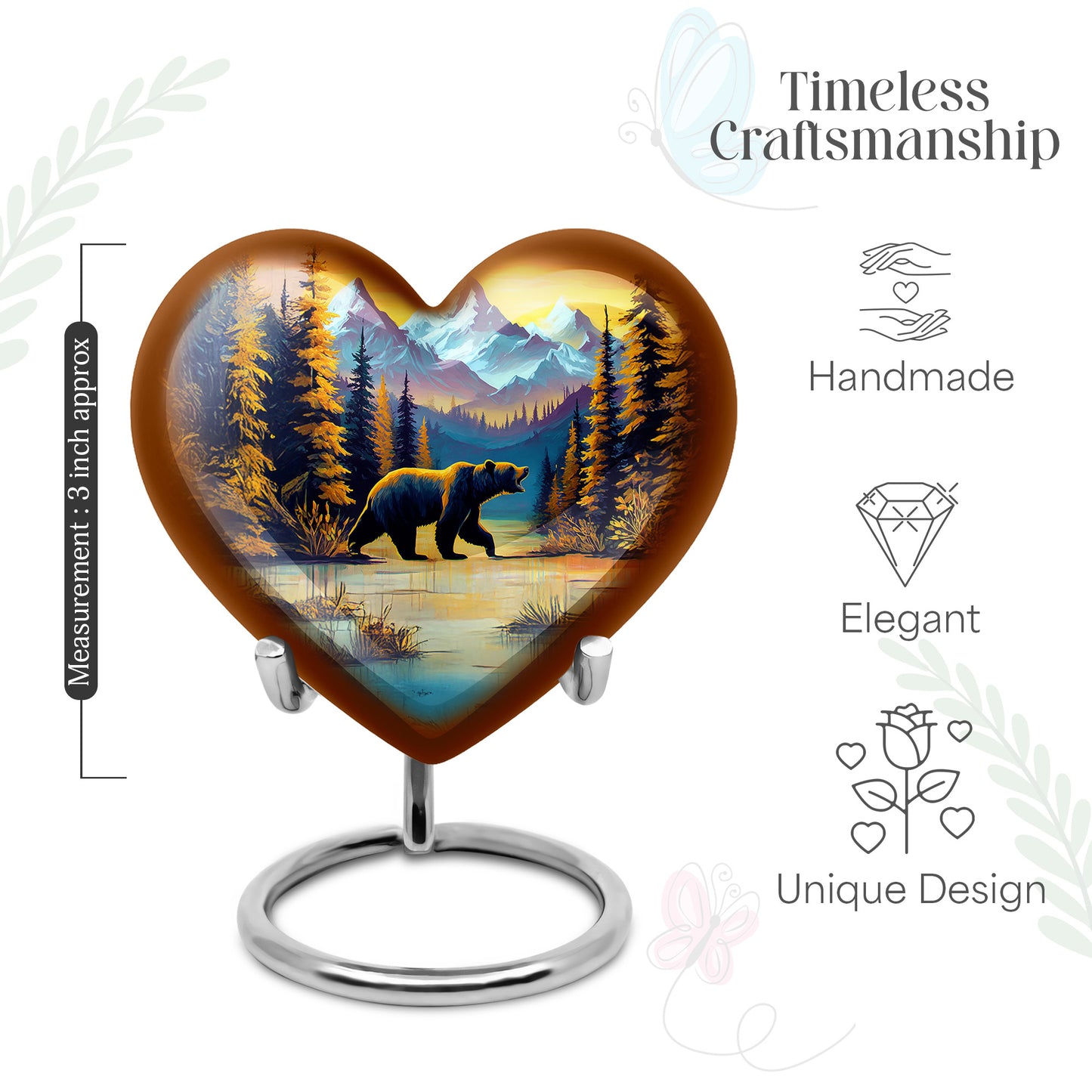 Champagne Gold Bear Cremation Urn front view showing detailed design - heart-shaped bear design symbolizing eternal love - mini keepsake memorial for portion of cremation ashes