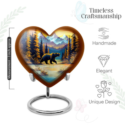 Champagne Gold Bear Cremation Urn front view showing detailed design - heart-shaped bear design symbolizing eternal love - mini keepsake memorial for portion of cremation ashes