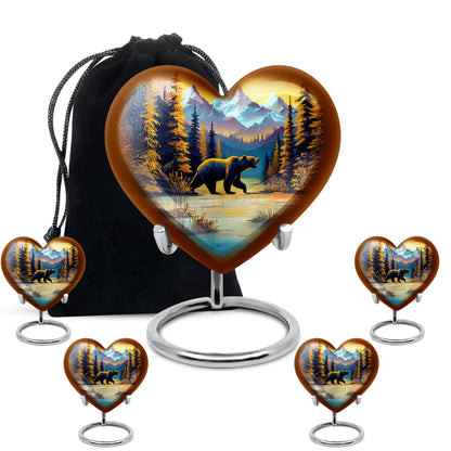 Royal Gold Bear Cremation Urn close-up of engraving and surface detail - romantic heart urn with bear motif on aluminum - memorial set with one large and four small urns