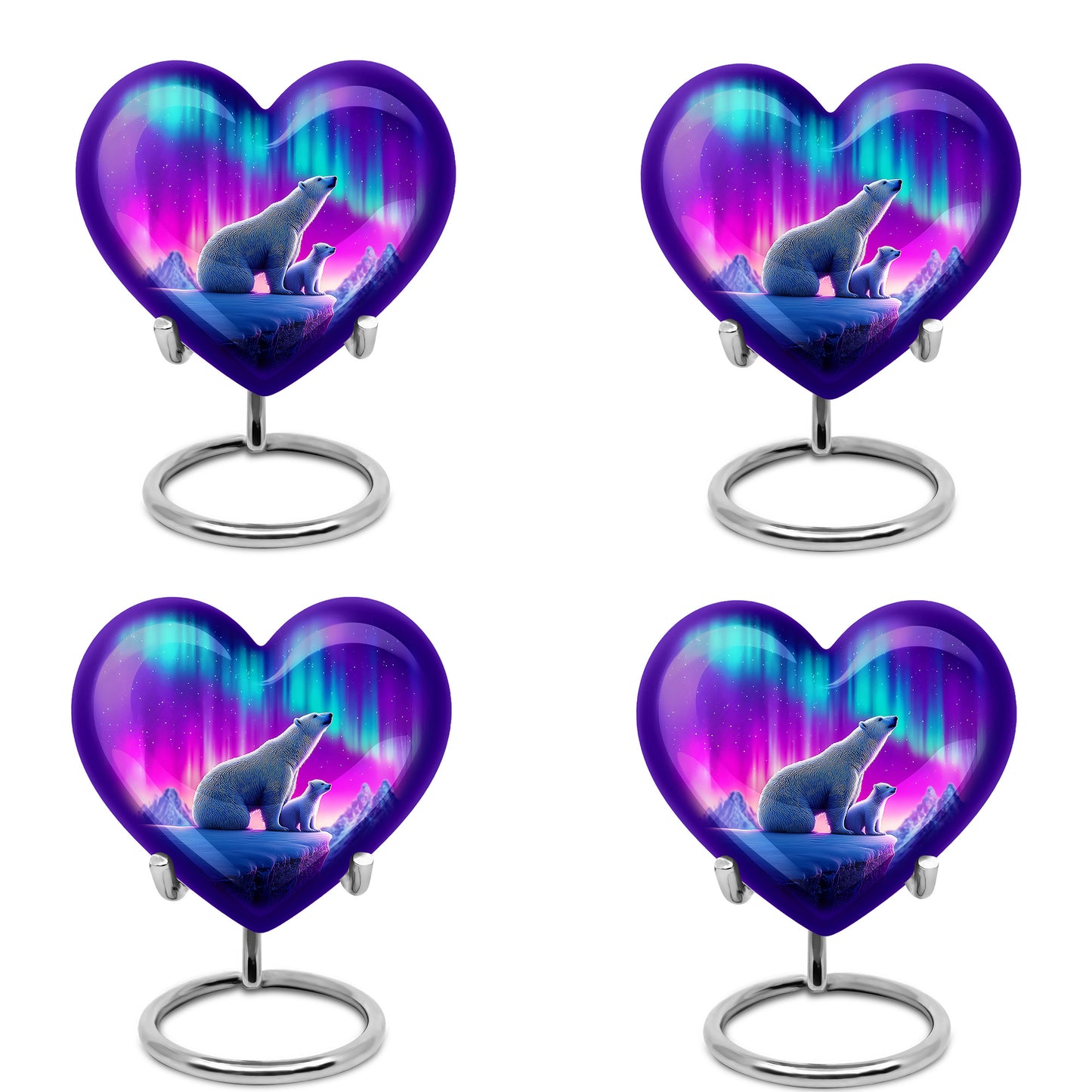 Calming Blue Bear Cremation Urn angled view of lid and engraved motif - compassionate heart-bear combination with gentle curves - 10 inch aluminum urn for cremated remains