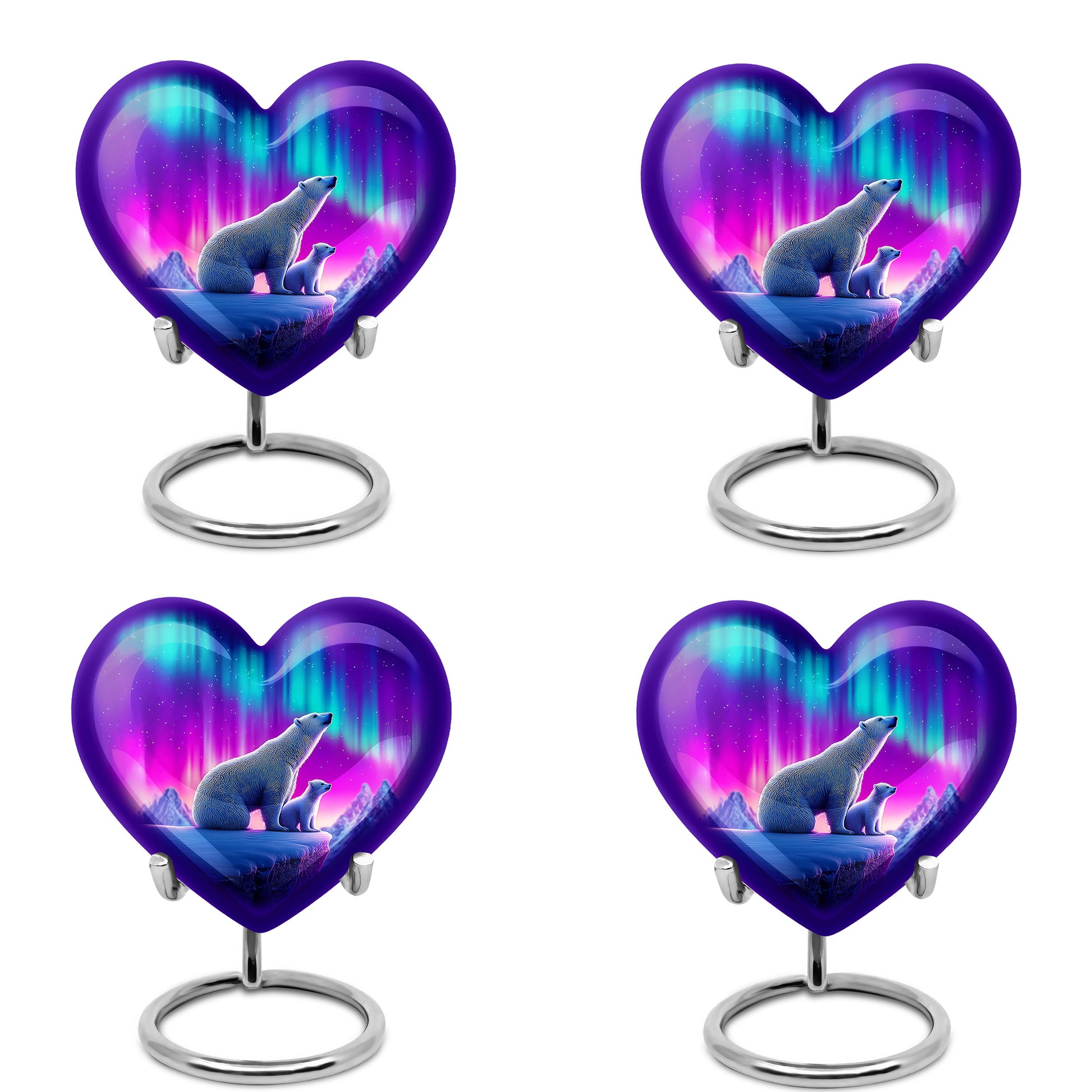 Calming Blue Bear Cremation Urn angled view of lid and engraved motif - compassionate heart-bear combination with gentle curves - 10 inch aluminum urn for cremated remains