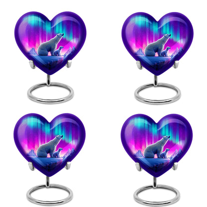 Calming Blue Bear Cremation Urn angled view of lid and engraved motif - compassionate heart-bear combination with gentle curves - 10 inch aluminum urn for cremated remains