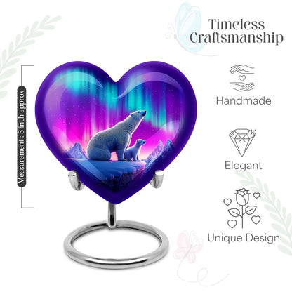 Slate Blue Bear Cremation Urn front view showing detailed design - loving heart memorial featuring bear pattern - mini keepsake memorial for portion of cremation ashes
