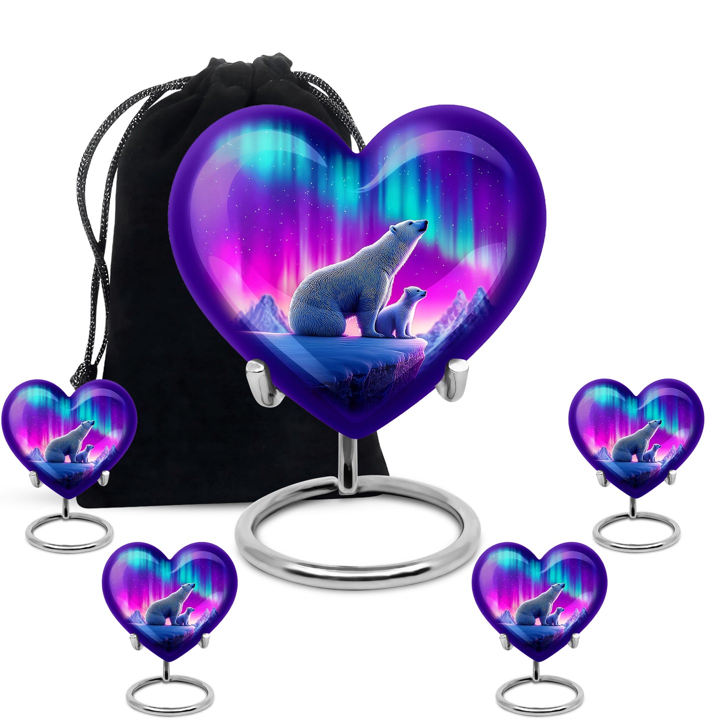 Bright Blue Bear Cremation Urn close-up of engraving and surface detail - romantic heart urn with bear motif on aluminum - memorial set with one large and four small urns