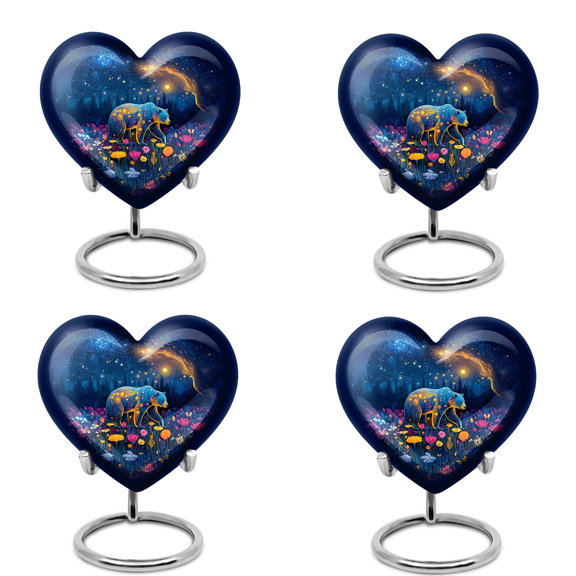Pastel Blue Bear Cremation Urn angled view of lid and engraved motif - heart-shaped bear design symbolizing eternal love - 10 inch aluminum urn for cremated remains