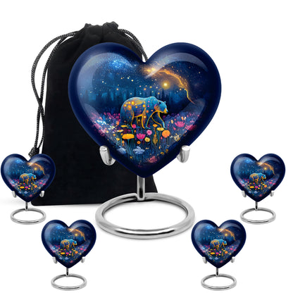 Dusty Blue Bear Cremation Urn close-up of engraving and surface detail - heart-shaped bear design symbolizing eternal love - memorial set with one large and four small urns