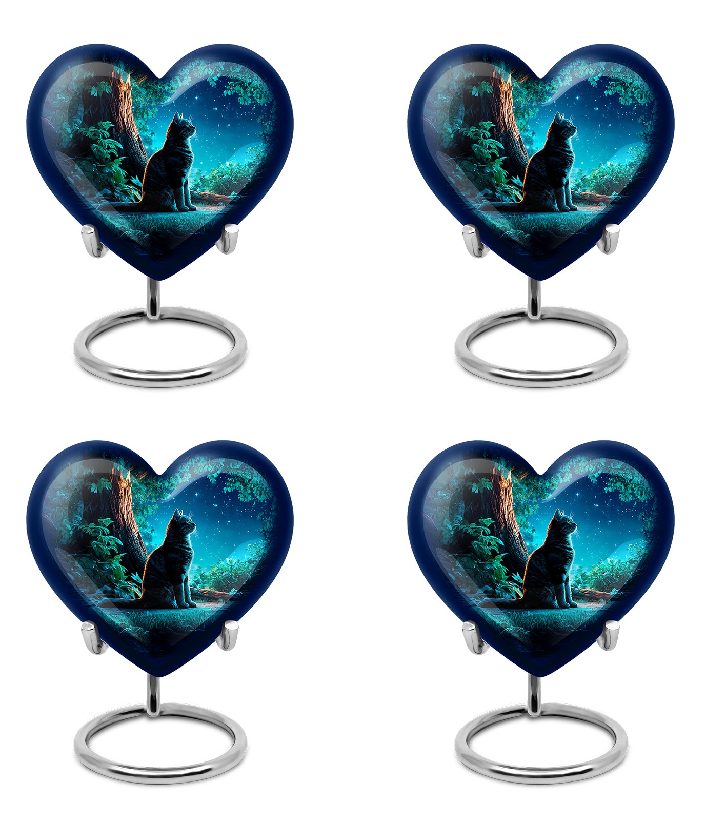 Dusty Blue Cat Cremation Urn angled view of lid and engraved motif - loving heart memorial featuring cat pattern - 10 inch aluminum urn for cremated remains
