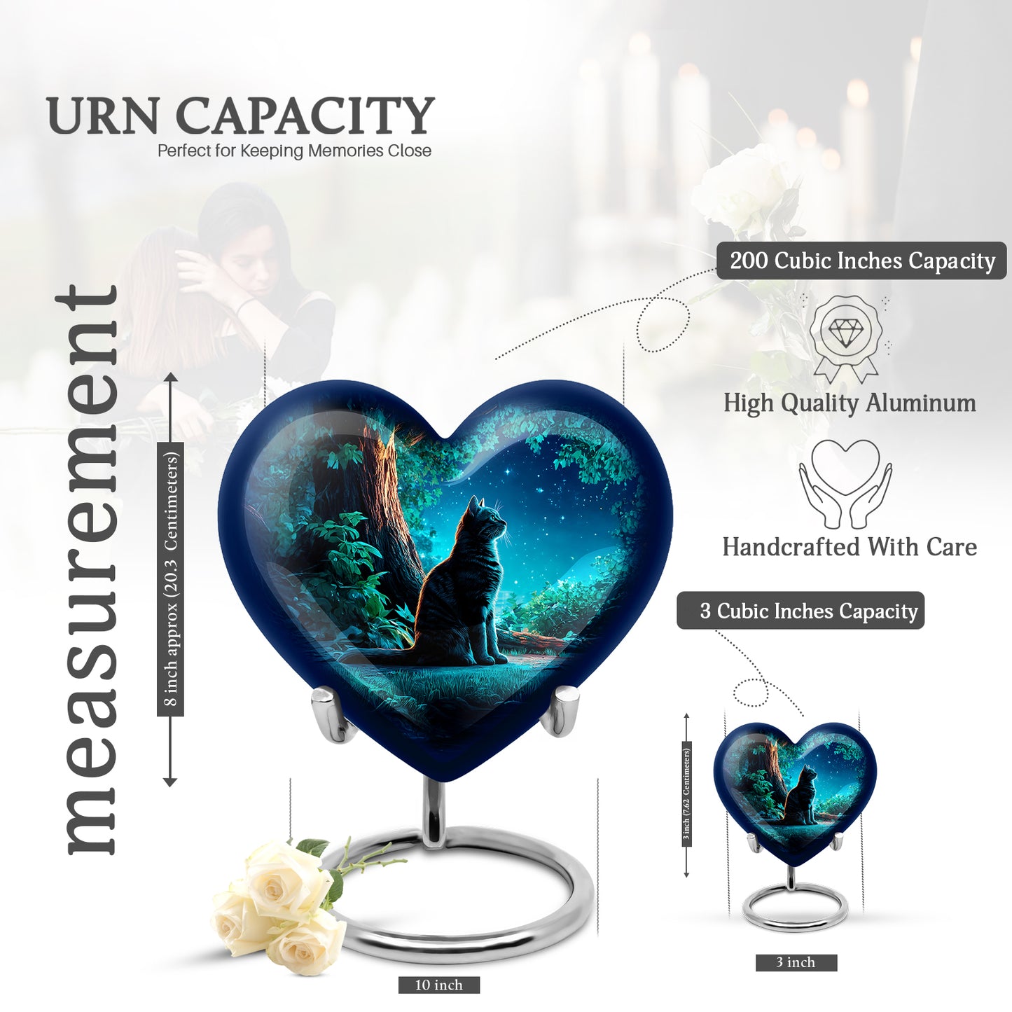 Steel Blue Cat Cremation Urn front view showing detailed design - romantic heart urn with cat motif on aluminum - mini keepsake memorial for portion of cremation ashes
