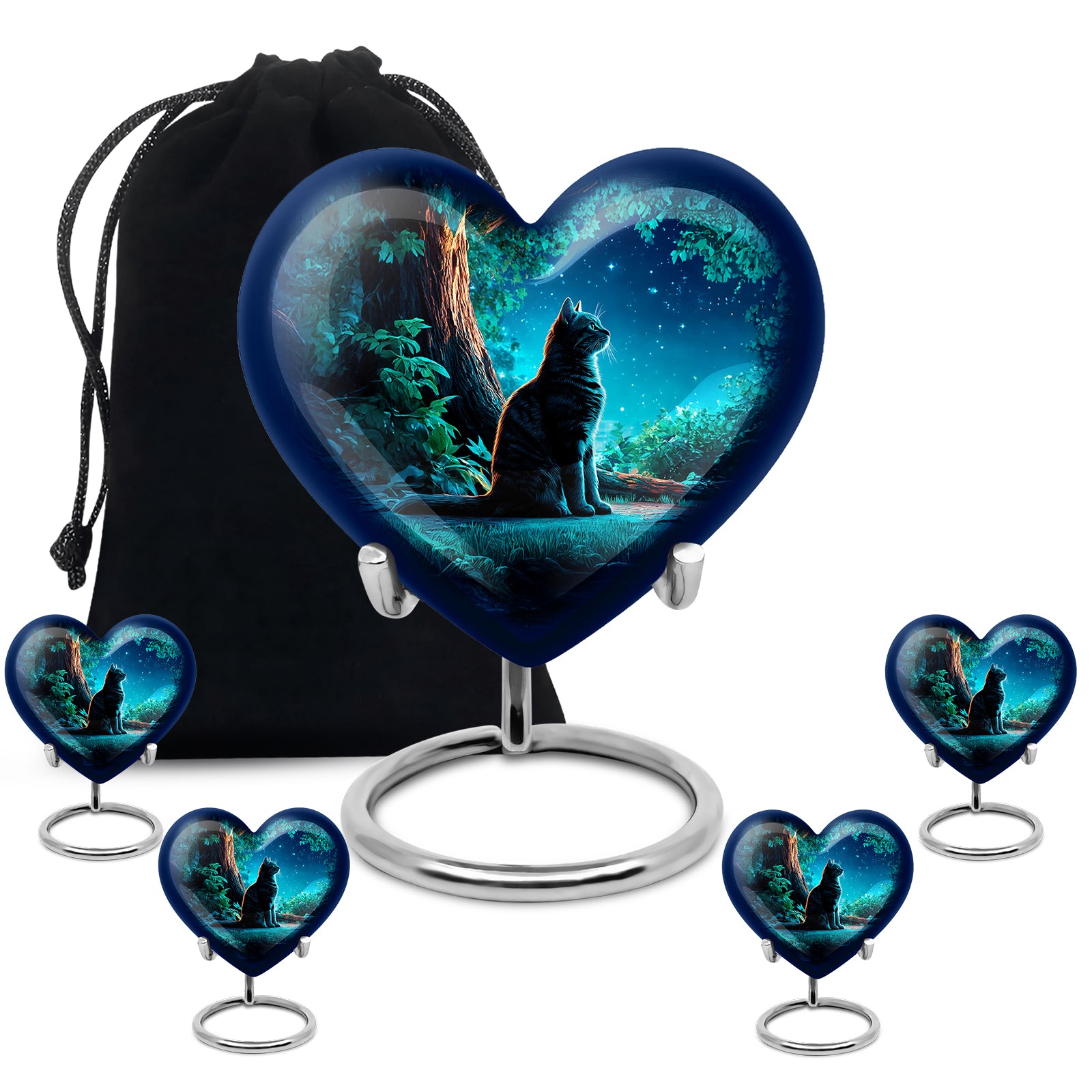 Sapphire Blue Cat Cremation Urn close-up of engraving and surface detail - compassionate heart-cat combination with gentle curves - memorial set with one large and four small urns