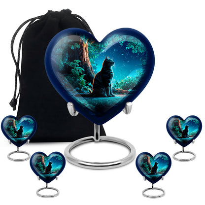 Sapphire Blue Cat Cremation Urn close-up of engraving and surface detail - compassionate heart-cat combination with gentle curves - memorial set with one large and four small urns