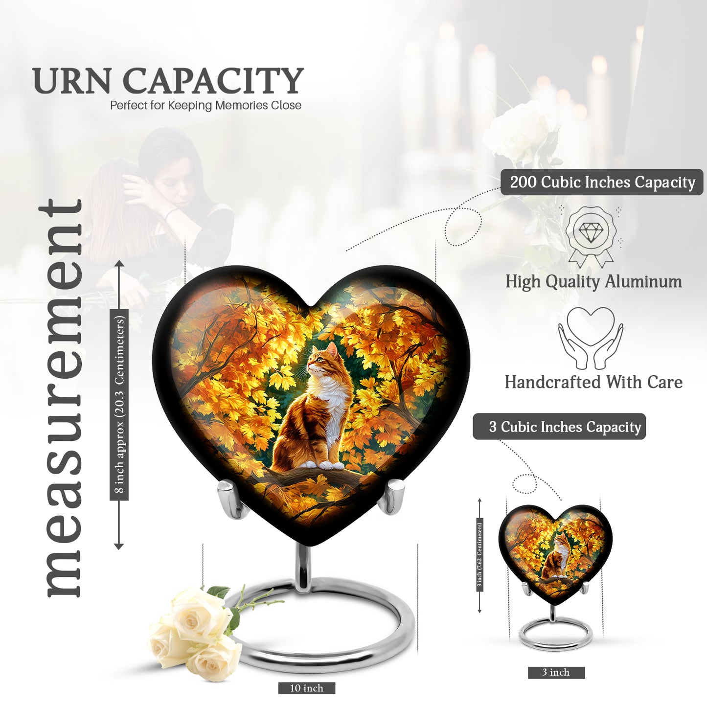 Burnished Gold Cat Cremation Urn front view showing detailed design - romantic heart urn with cat motif on aluminum - mini keepsake memorial for portion of cremation ashes