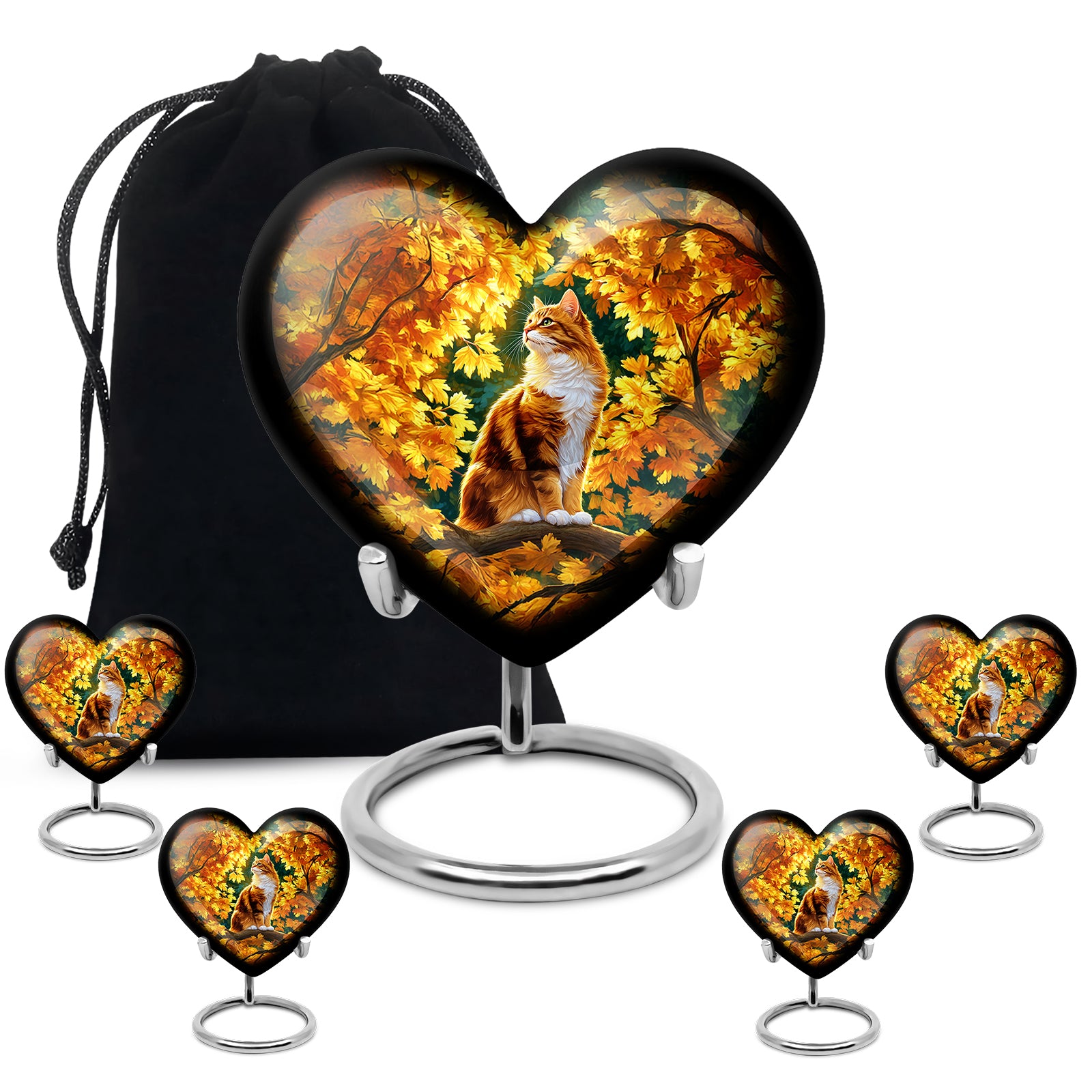 Harvest Gold Cat Cremation Urn close-up of engraving and surface detail - romantic heart urn with cat motif on aluminum - memorial set with one large and four small urns