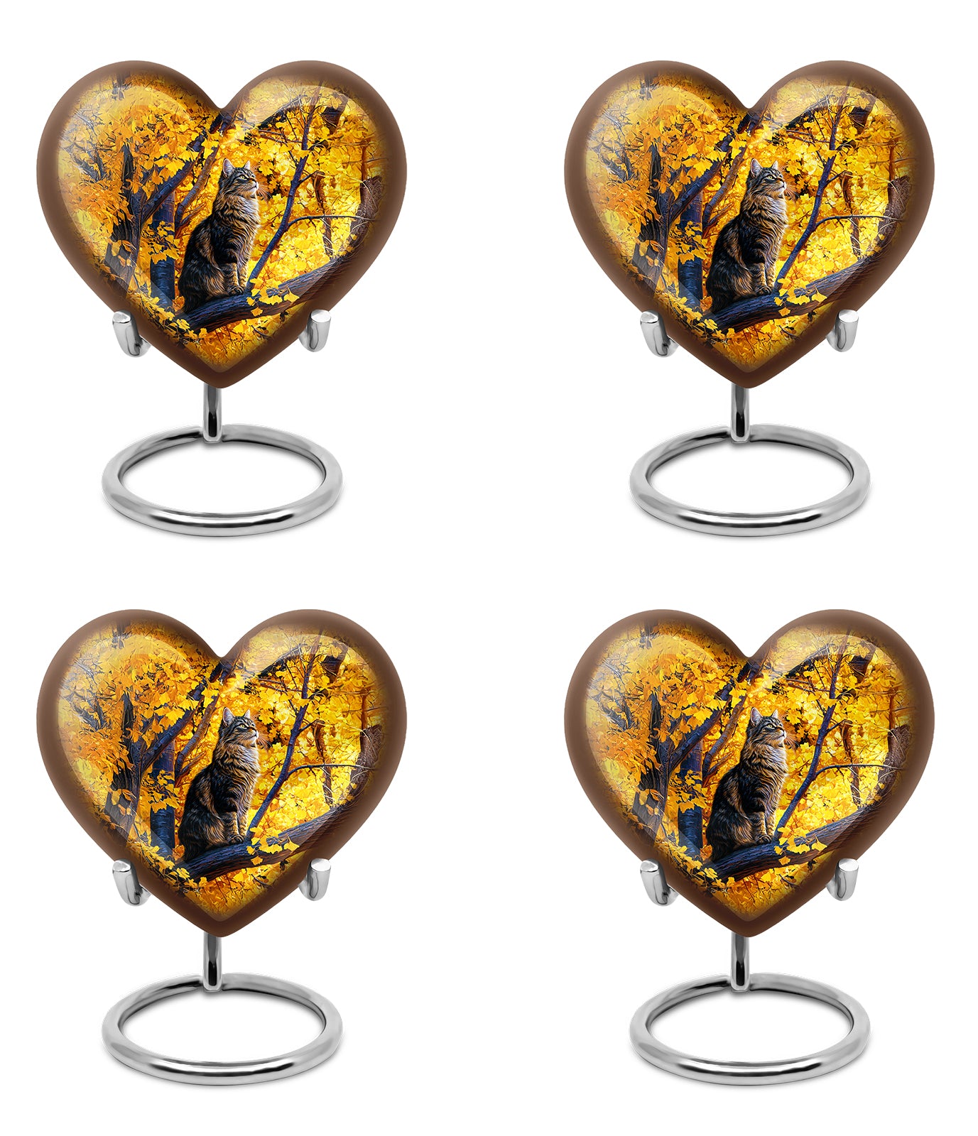 Antique Gold Cat Cremation Urn angled view of lid and engraved motif - heart-shaped cat design symbolizing eternal love - 10 inch aluminum urn for cremated remains