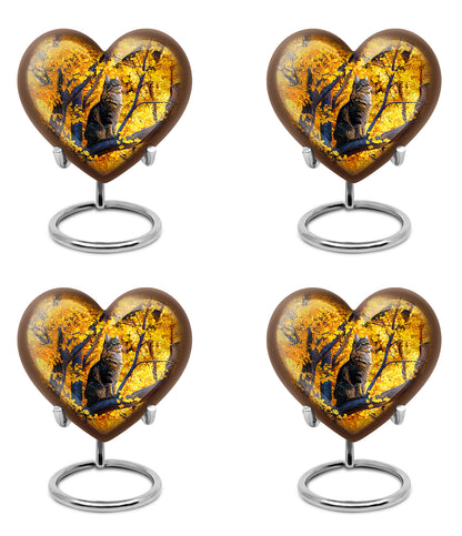 Antique Gold Cat Cremation Urn angled view of lid and engraved motif - heart-shaped cat design symbolizing eternal love - 10 inch aluminum urn for cremated remains