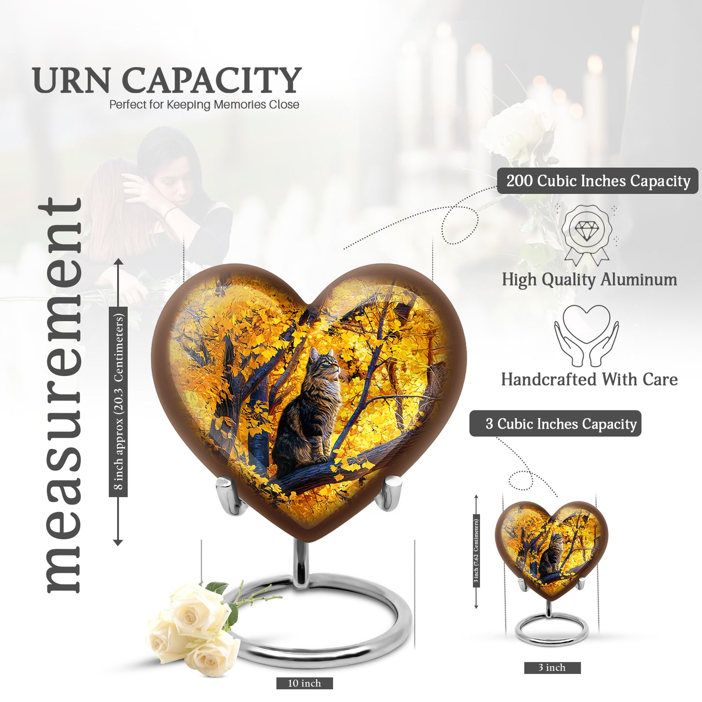 Amber Gold Cat Cremation Urn front view showing detailed design - heart-shaped cat design symbolizing eternal love - mini keepsake memorial for portion of cremation ashes