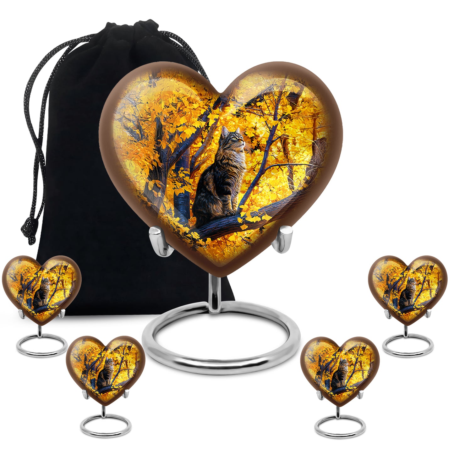 Antique Gold Cat Cremation Urn close-up of engraving and surface detail - loving heart memorial featuring cat pattern - memorial set with one large and four small urns