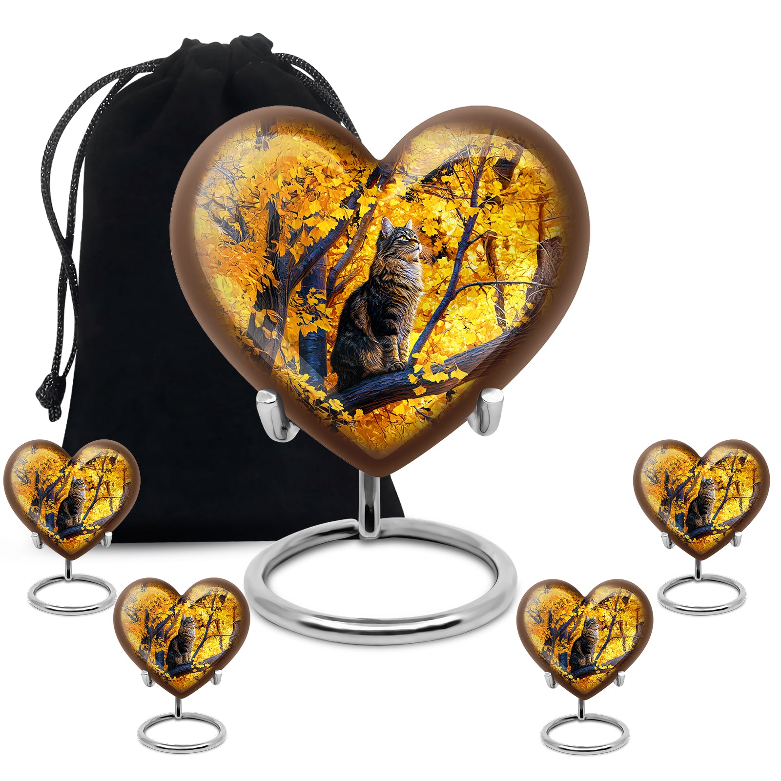 Antique Gold Cat Cremation Urn close-up of engraving and surface detail - loving heart memorial featuring cat pattern - memorial set with one large and four small urns