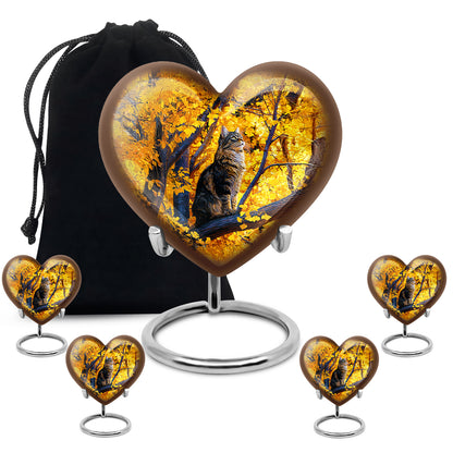 Antique Gold Cat Cremation Urn close-up of engraving and surface detail - loving heart memorial featuring cat pattern - memorial set with one large and four small urns