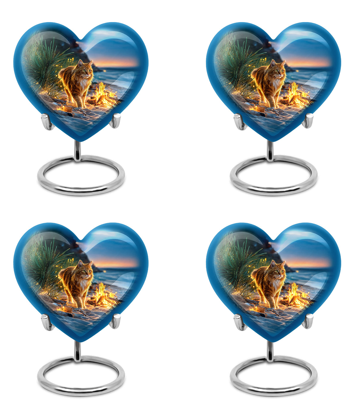 Sky Blue Cat Cremation Urn angled view of lid and engraved motif - heart-shaped cat design symbolizing eternal love - 10 inch aluminum urn for cremated remains