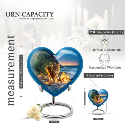 Cornflower Blue Cat Cremation Urn front view showing detailed design - compassionate heart-cat combination with gentle curves - mini keepsake memorial for portion of cremation ashes