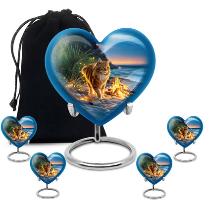 Azure Cat Cremation Urn close-up of engraving and surface detail - heart-shaped cat design symbolizing eternal love - memorial set with one large and four small urns