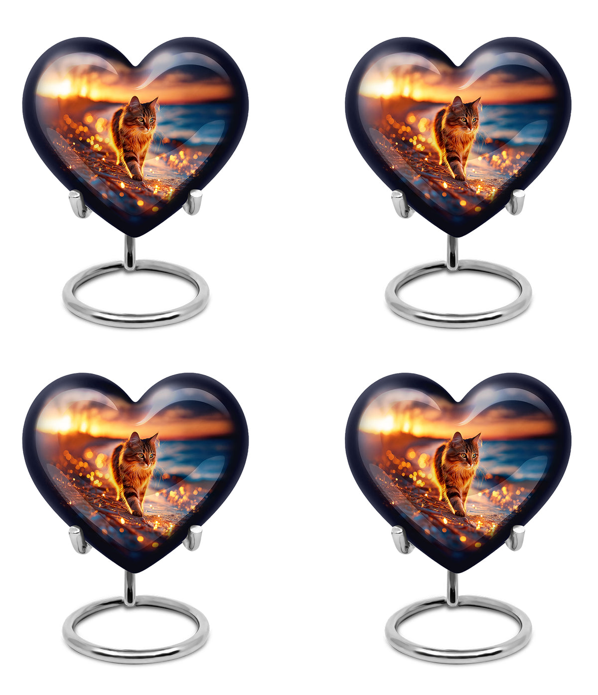 Rich Red Cat Cremation Urn angled view of lid and engraved motif - compassionate heart-cat combination with gentle curves - 10 inch aluminum urn for cremated remains
